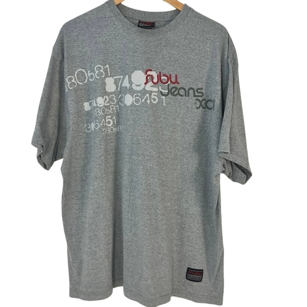 Vintage FUBU Jeans XCII Mens Gray Graffiti Graphic T-Shirt Size XL 90s Y2K